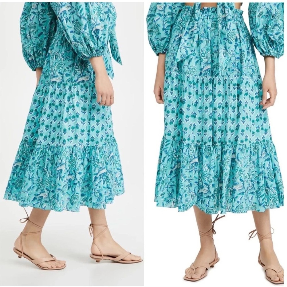 Charina Sarte Turquoise Blue Floral Cotton Tiered Midi Skirt Boho Resort L zz